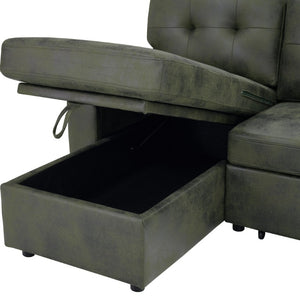 English Elm 88.5 Inch L-Shaped Sleeper Sectional with Storage Chaise and Button-Tufted Foil Fabric Olive Green W5568S00072