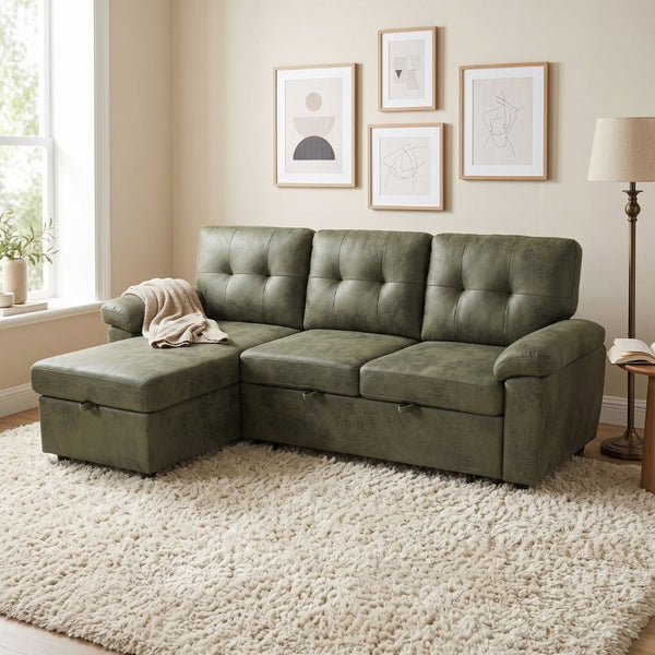 English Elm 88.5 Inch L-Shaped Sleeper Sectional with Storage Chaise and Button-Tufted Foil Fabric Olive Green W5568S00072
