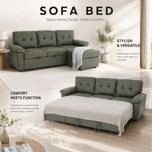 English Elm 88.5 Inch L-Shaped Sleeper Sectional with Storage Chaise and Button-Tufted Foil Fabric Olive Green W5568S00072