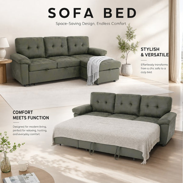 English Elm 88.5 Inch L-Shaped Sleeper Sectional with Storage Chaise and Button-Tufted Foil Fabric Olive Green W5568S00072