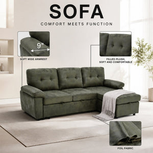 English Elm 88.5 Inch L-Shaped Sleeper Sectional with Storage Chaise and Button-Tufted Foil Fabric Olive Green W5568S00072