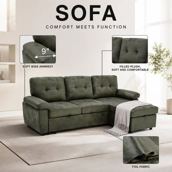 English Elm 88.5 Inch L-Shaped Sleeper Sectional with Storage Chaise and Button-Tufted Foil Fabric Olive Green W5568S00072