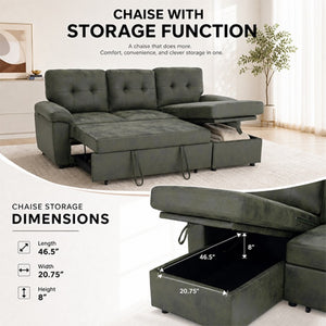 English Elm 88.5 Inch L-Shaped Sleeper Sectional with Storage Chaise and Button-Tufted Foil Fabric Olive Green W5568S00072