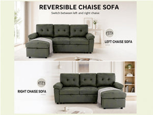 English Elm 88.5 Inch L-Shaped Sleeper Sectional with Storage Chaise and Button-Tufted Foil Fabric Olive Green W5568S00072