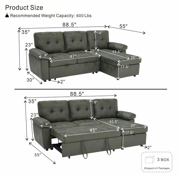 English Elm 88.5 Inch L-Shaped Sleeper Sectional with Storage Chaise and Button-Tufted Foil Fabric Olive Green W5568S00072