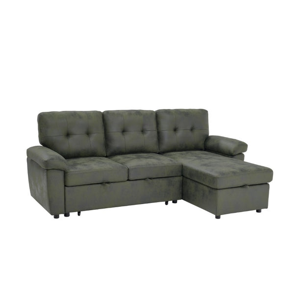 English Elm 88.5 Inch L-Shaped Sleeper Sectional with Storage Chaise and Button-Tufted Foil Fabric Olive Green W5568S00072