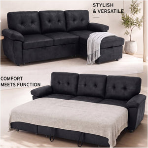 English Elm 88.5 Inch L-Shaped Sleeper Sectional with Storage Chaise and Tufted Foil Fabric Black 88.5 inches W5568S00073
