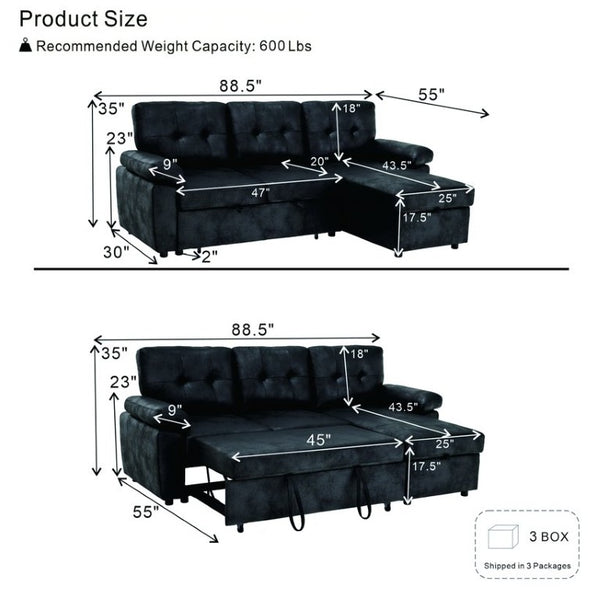 English Elm 88.5 Inch L-Shaped Sleeper Sectional with Storage Chaise and Tufted Foil Fabric Black 88.5 inches W5568S00073