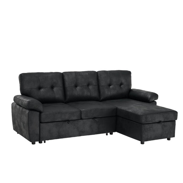 English Elm 88.5 Inch L-Shaped Sleeper Sectional with Storage Chaise and Tufted Foil Fabric Black 88.5 inches W5568S00073