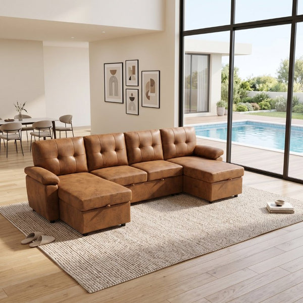 English Elm 88.5 Inch L-Shaped Sleeper Sectional with Storage Chaise and Tufted Foil Fabric Light Brown 112 inches W5568S00074