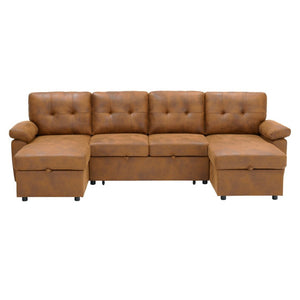 English Elm 88.5 Inch L-Shaped Sleeper Sectional with Storage Chaise and Tufted Foil Fabric Light Brown 112 inches W5568S00074