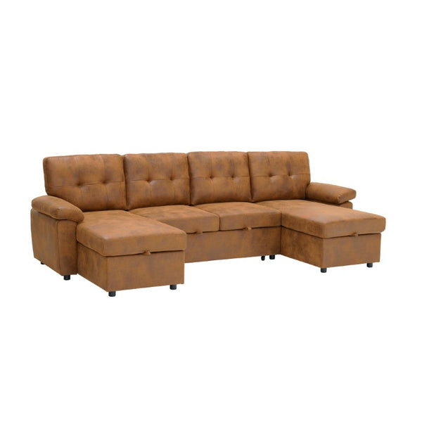 English Elm 88.5 Inch L-Shaped Sleeper Sectional with Storage Chaise and Tufted Foil Fabric Light Brown 112 inches W5568S00074
