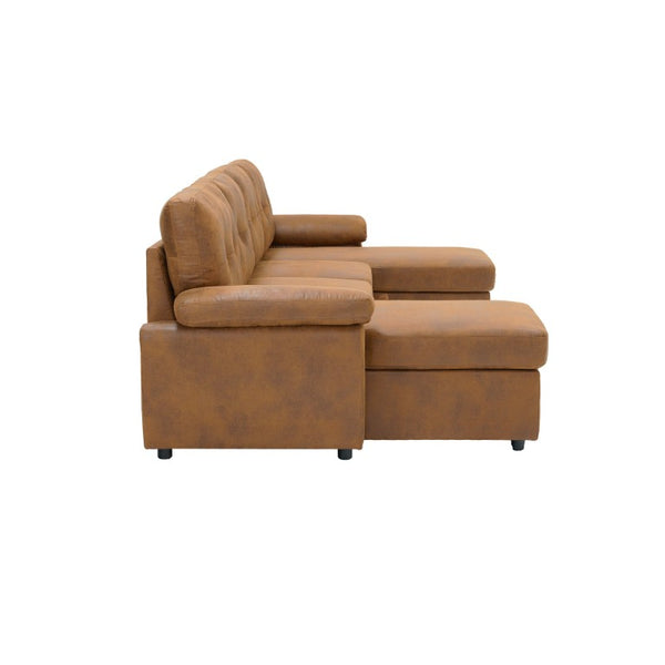 English Elm 88.5 Inch L-Shaped Sleeper Sectional with Storage Chaise and Tufted Foil Fabric Light Brown 112 inches W5568S00074