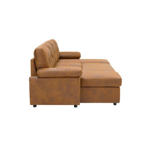 English Elm 88.5 Inch L-Shaped Sleeper Sectional with Storage Chaise and Tufted Foil Fabric Light Brown 112 inches W5568S00074