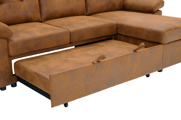 English Elm 88.5 Inch L-Shaped Sleeper Sectional with Storage Chaise and Tufted Foil Fabric Light Brown 112 inches W5568S00074