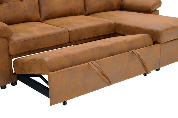 English Elm 88.5 Inch L-Shaped Sleeper Sectional with Storage Chaise and Tufted Foil Fabric Light Brown 112 inches W5568S00074