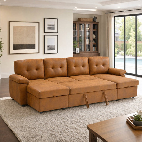 English Elm 88.5 Inch L-Shaped Sleeper Sectional with Storage Chaise and Tufted Foil Fabric Light Brown 112 inches W5568S00074