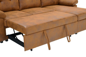 English Elm 88.5 Inch L-Shaped Sleeper Sectional with Storage Chaise and Tufted Foil Fabric Light Brown 112 inches W5568S00074