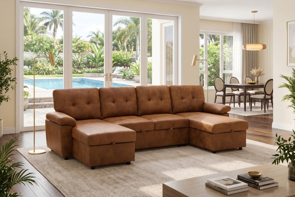 English Elm 88.5 Inch L-Shaped Sleeper Sectional with Storage Chaise and Tufted Foil Fabric Light Brown 112 inches W5568S00074