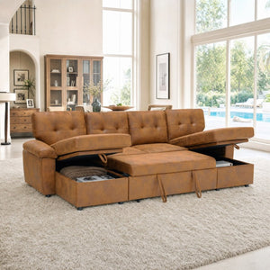English Elm 88.5 Inch L-Shaped Sleeper Sectional with Storage Chaise and Tufted Foil Fabric Light Brown 112 inches W5568S00074