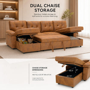 English Elm 88.5 Inch L-Shaped Sleeper Sectional with Storage Chaise and Tufted Foil Fabric Light Brown 112 inches W5568S00074