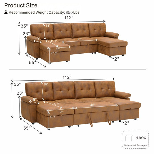English Elm 88.5 Inch L-Shaped Sleeper Sectional with Storage Chaise and Tufted Foil Fabric Light Brown 112 inches W5568S00074