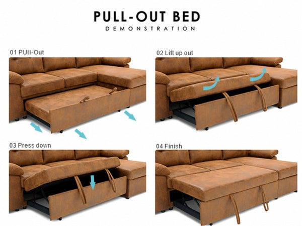 English Elm 88.5 Inch L-Shaped Sleeper Sectional with Storage Chaise and Tufted Foil Fabric Light Brown 112 inches W5568S00074