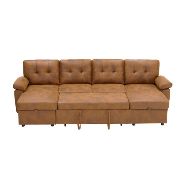 English Elm 88.5 Inch L-Shaped Sleeper Sectional with Storage Chaise and Tufted Foil Fabric Light Brown 112 inches W5568S00074