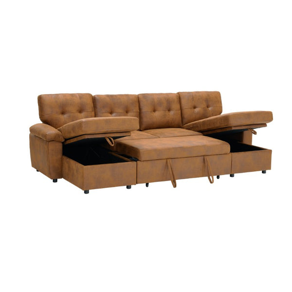 English Elm 88.5 Inch L-Shaped Sleeper Sectional with Storage Chaise and Tufted Foil Fabric Light Brown 112 inches W5568S00074