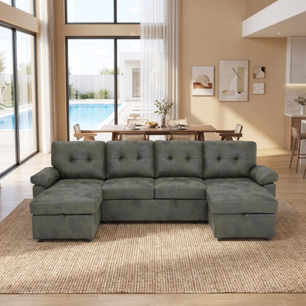 English Elm 88.5 Inch L-Shaped Sleeper Sectional with Storage Chaise and Tufted Foil Fabric Olive Green 112 inches W5568S00075