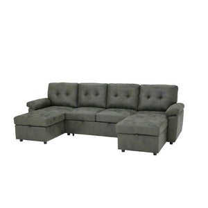 English Elm 88.5 Inch L-Shaped Sleeper Sectional with Storage Chaise and Tufted Foil Fabric Olive Green 112 inches W5568S00075