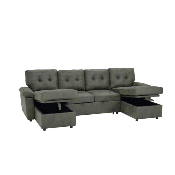 English Elm 88.5 Inch L-Shaped Sleeper Sectional with Storage Chaise and Tufted Foil Fabric Olive Green 112 inches W5568S00075