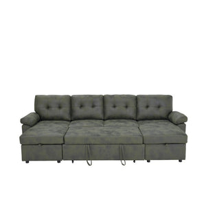 English Elm 88.5 Inch L-Shaped Sleeper Sectional with Storage Chaise and Tufted Foil Fabric Olive Green 112 inches W5568S00075