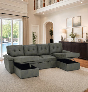 English Elm 88.5 Inch L-Shaped Sleeper Sectional with Storage Chaise and Tufted Foil Fabric Olive Green 112 inches W5568S00075