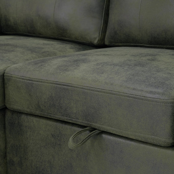English Elm 88.5 Inch L-Shaped Sleeper Sectional with Storage Chaise and Tufted Foil Fabric Olive Green 112 inches W5568S00075