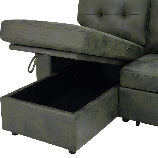 English Elm 88.5 Inch L-Shaped Sleeper Sectional with Storage Chaise and Tufted Foil Fabric Olive Green 112 inches W5568S00075