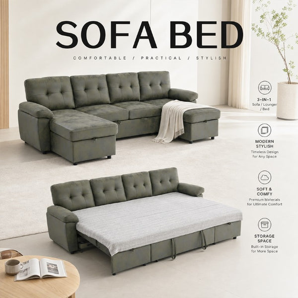 English Elm 88.5 Inch L-Shaped Sleeper Sectional with Storage Chaise and Tufted Foil Fabric Olive Green 112 inches W5568S00075