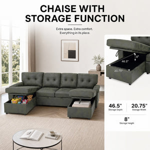 English Elm 88.5 Inch L-Shaped Sleeper Sectional with Storage Chaise and Tufted Foil Fabric Olive Green 112 inches W5568S00075