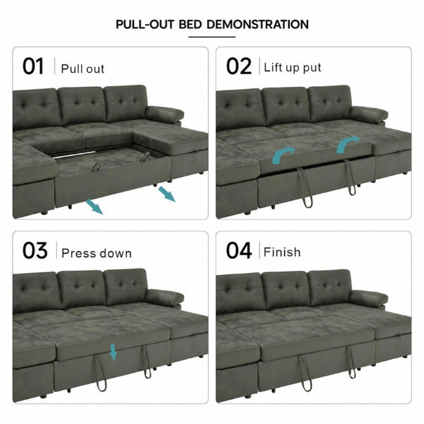 English Elm 88.5 Inch L-Shaped Sleeper Sectional with Storage Chaise and Tufted Foil Fabric Olive Green 112 inches W5568S00075