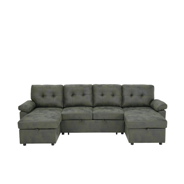 English Elm 88.5 Inch L-Shaped Sleeper Sectional with Storage Chaise and Tufted Foil Fabric Olive Green 112 inches W5568S00075