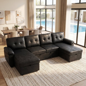 English Elm 112 Inch Sleeper Sectional with Dual Chaise Storage and Button Tufted Foil Fabric W5568S00076