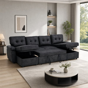 English Elm 112 Inch Sleeper Sectional with Dual Chaise Storage and Button Tufted Foil Fabric W5568S00076