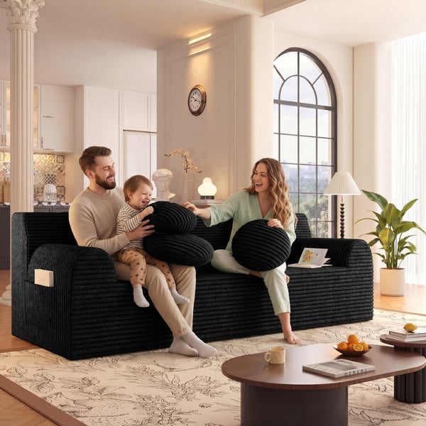 English Elm 71" Corduroy Cloud Loveseat Low Profile Deep Seat Sofa with Pillows for Apartment Antique Black W5571P509741