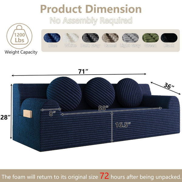 English Elm 71" Corduroy Cloud Loveseat Low Profile Deep Seat Sofa with Pillows for Apartment Aged Blue W5571P509742