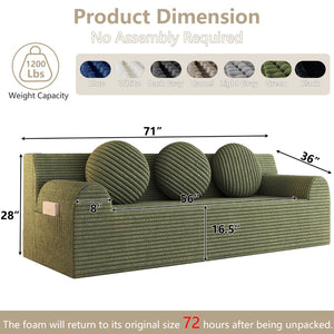 English Elm 71" Corduroy Cloud Loveseat Low Profile Deep Seat Sofa with Pillows for Apartment Antique Green W5571P509743