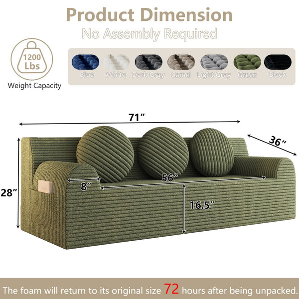 English Elm 71" Corduroy Cloud Loveseat Low Profile Deep Seat Sofa with Pillows for Apartment Antique Green W5571P509743