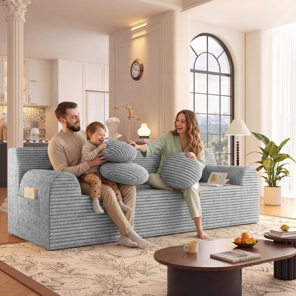 English Elm 71" Corduroy Cloud Loveseat Low Profile Deep Seat Sofa with Pillows for Apartment Light Grey W5571P509745