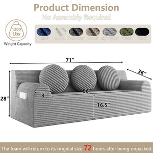 English Elm 71" Corduroy Cloud Loveseat Low Profile Deep Seat Sofa with Pillows for Apartment Light Grey W5571P509745