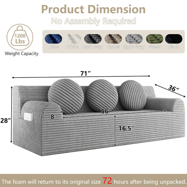 English Elm 71" Corduroy Cloud Loveseat Low Profile Deep Seat Sofa with Pillows for Apartment Light Grey W5571P509745
