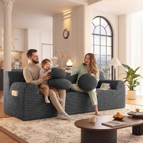 English Elm 71" Corduroy Cloud Loveseat Low Profile Deep Seat Sofa with Pillows for Apartment Dark Grey W5571P509746